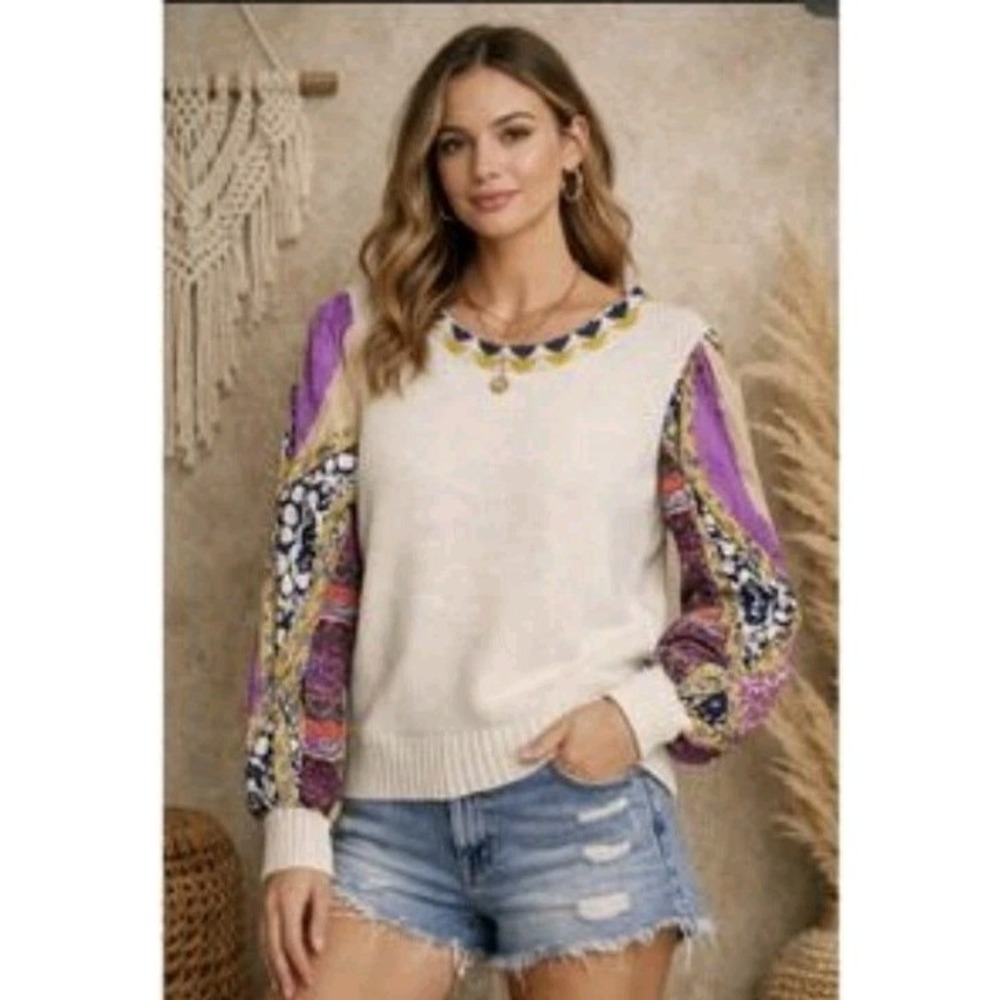 New Fate Boho Patchwork Balloon Sleeve Cotton Sweater Women S Indie Boho Fairy